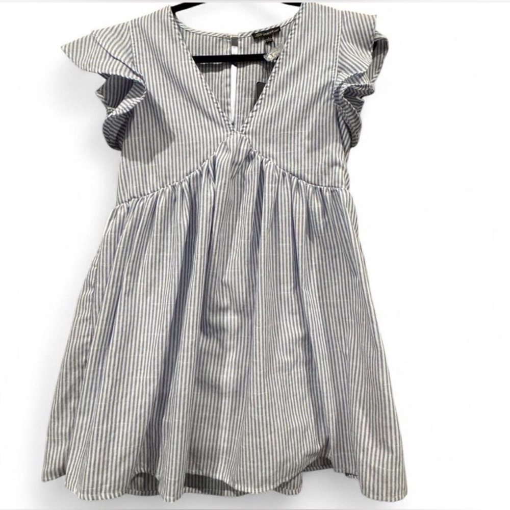 Shinestar Blue White Stripe Babydoll Dress Flutter Sleeve NWT Size S